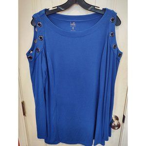 Belle Kim Gravel Womens Cold Shoulder Top M Blue Long Sleeve Rivets Cut Out